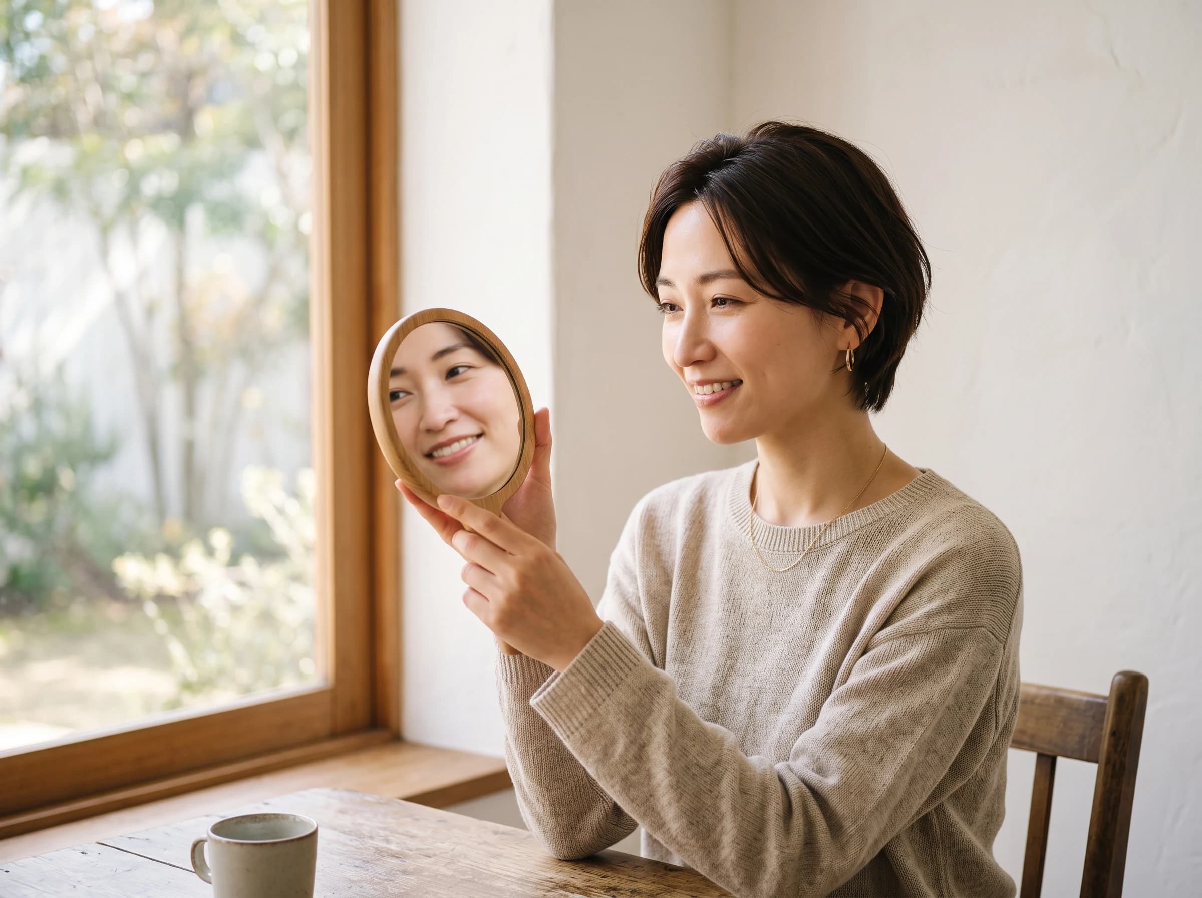 鏡を見る女性の様子