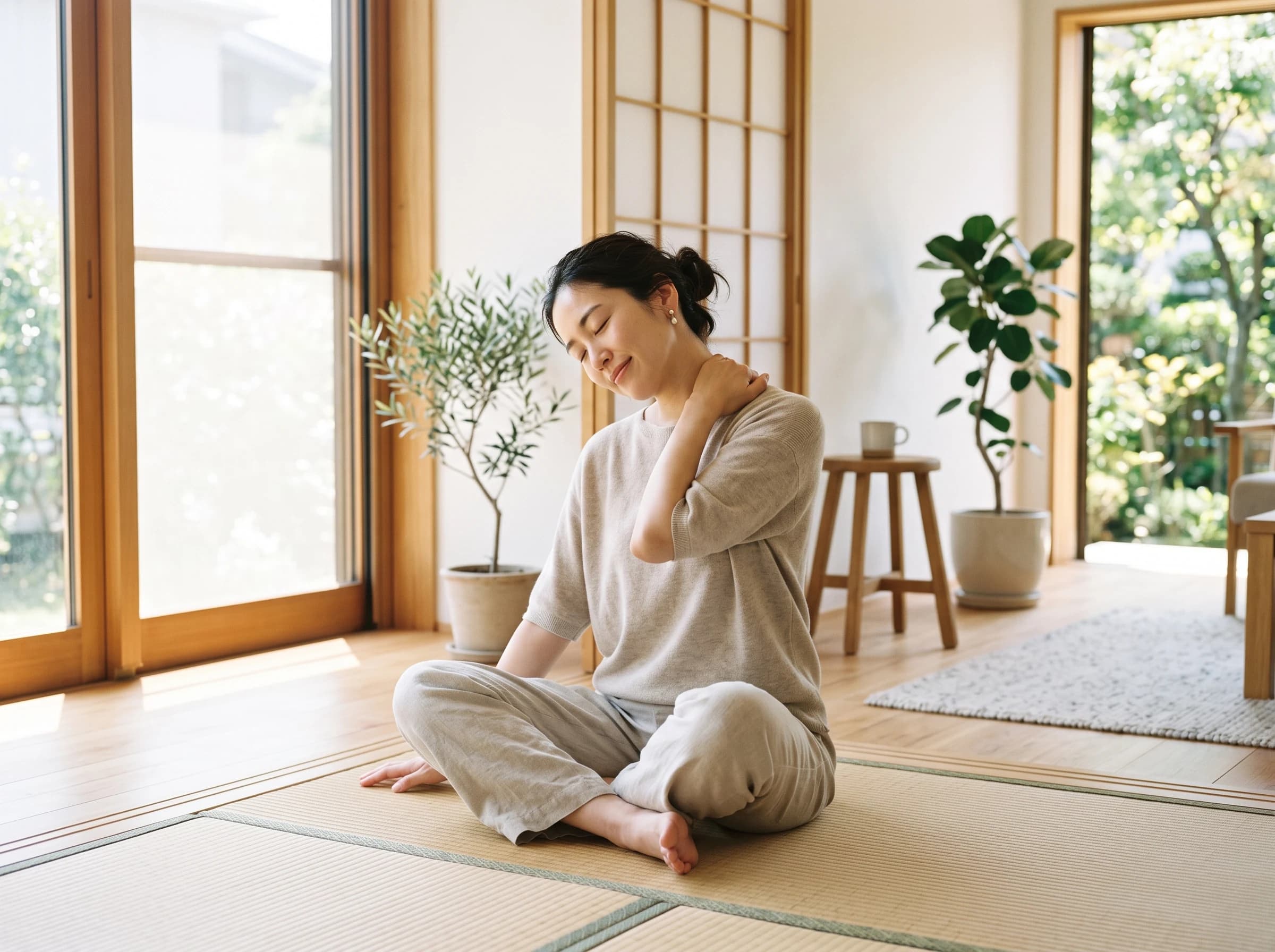 肩や首を伸ばす様子