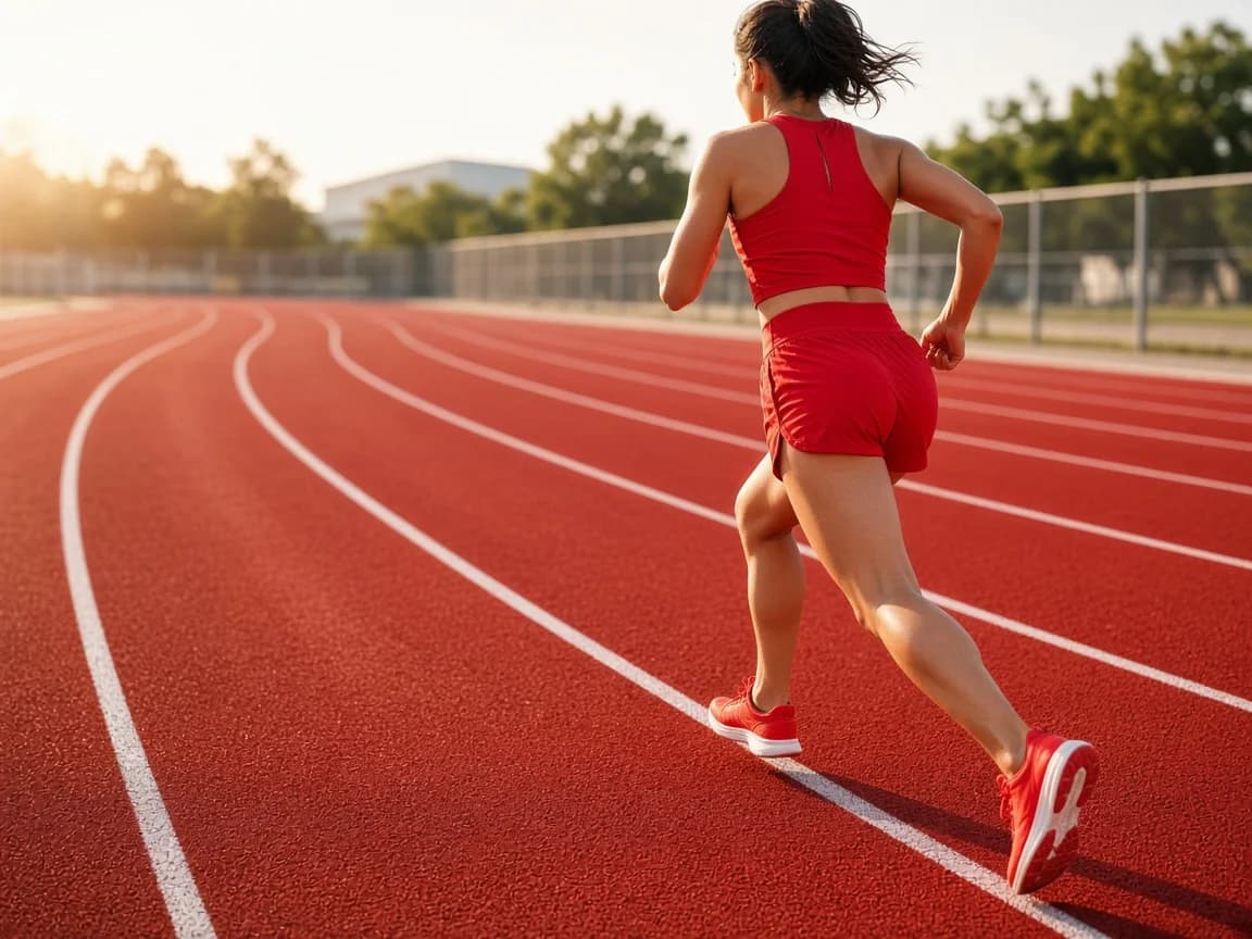 赤いトラックに置かれたランニングシューズ